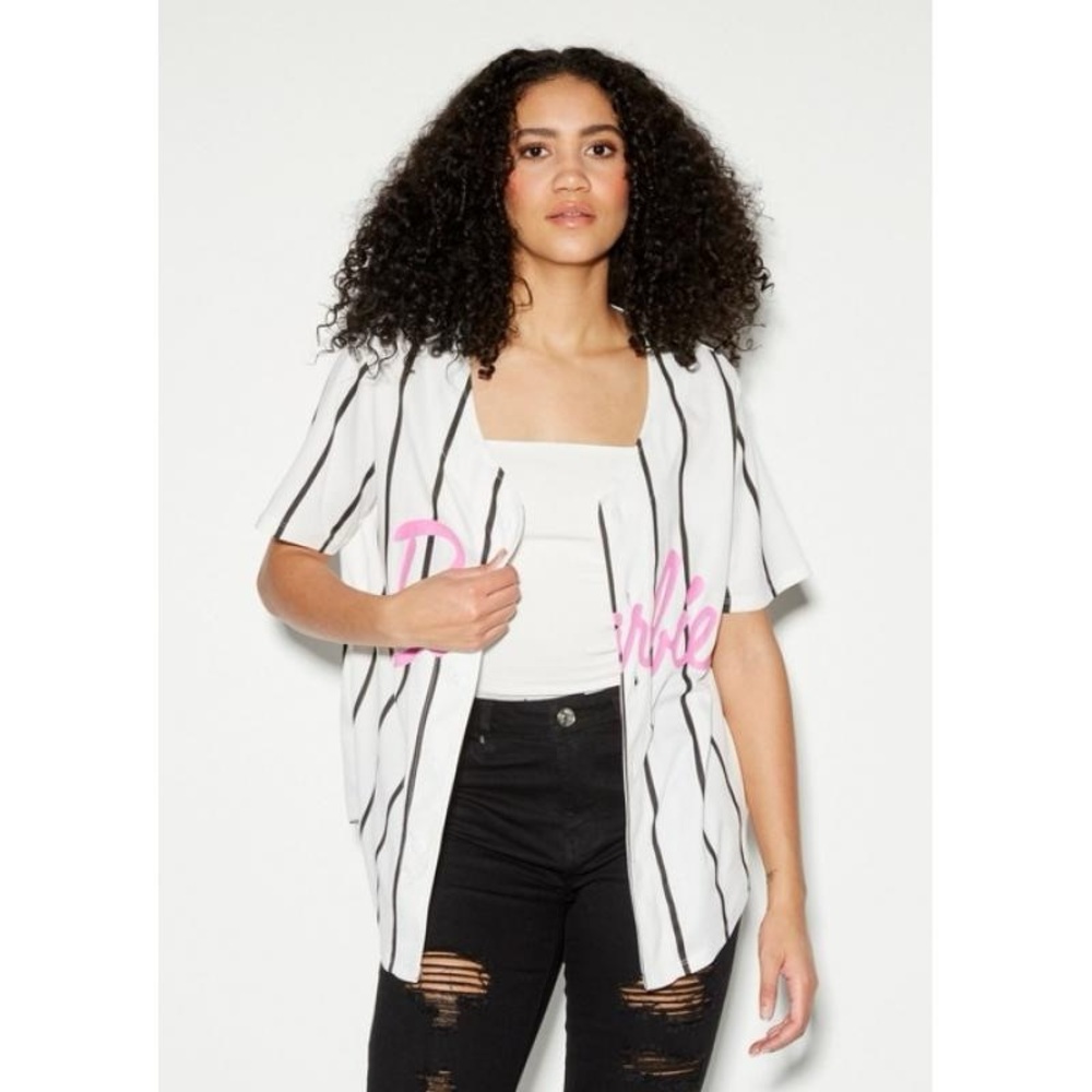 White Pinstriped Barbie Graphic Baseball Jersey - Picture 2 of 11